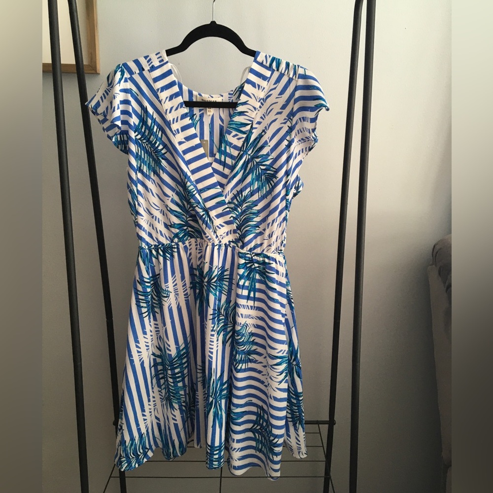 Monteau Blue and White Patterned Dress, XL